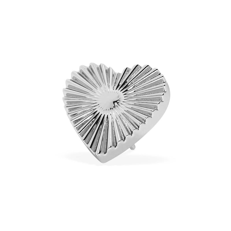 14k white gold sunburst heart threadless piercing end, angled view showing polished silver-tone finish