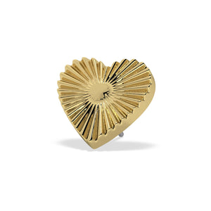 Angled view of 14k yellow gold sunburst heart piercing end with titanium threadless pin post visible