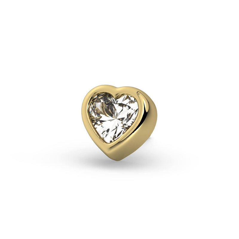 Close-up front view of 14k yellow gold bezel-set white sapphire heart stud end only