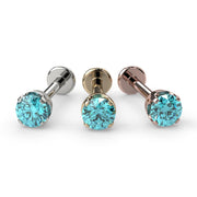 Aqua diamond flat back labret stud in all three metal options: 14k white, yellow, and rose gold side by side