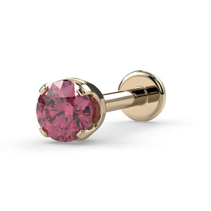 14k yellow gold 3mm pink diamond flat back labret stud, angled view showing prong setting and disc backing