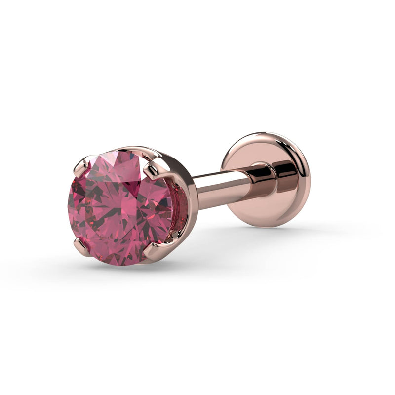 14k rose gold 3mm pink diamond flat back labret stud, angled view highlighting warm metal tone