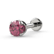 14k white gold 3mm pink diamond flat back labret stud, angled view showing cool silver-toned prong setting