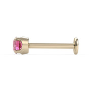 Side profile of 14k yellow gold pink diamond flat back labret stud showing post length and disc backing