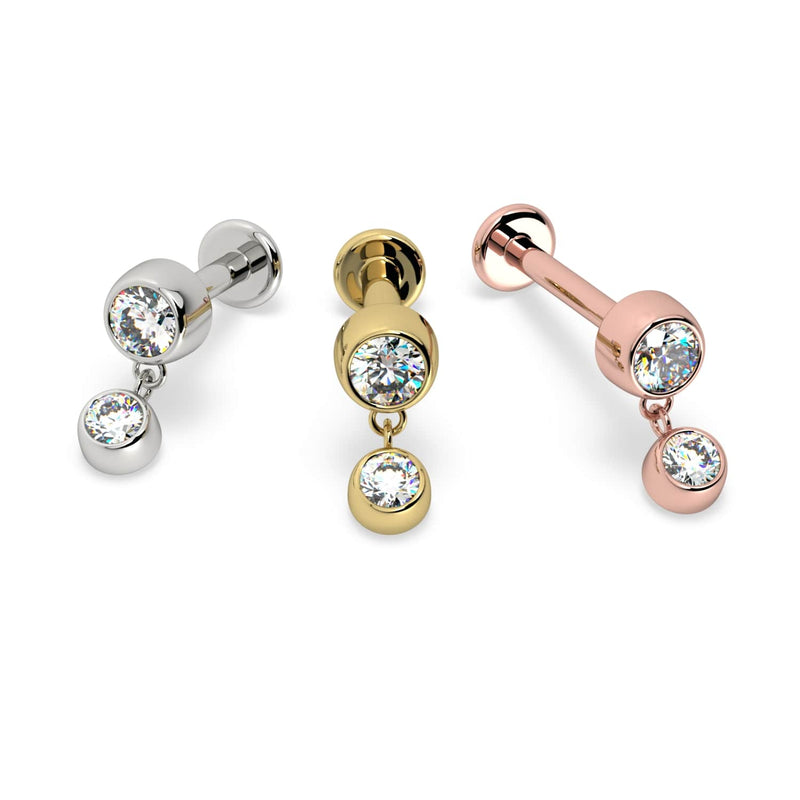 Bezel diamond dangle flat back cartilage stud in all three 14k gold colors: white, yellow, and rose gold