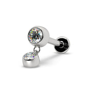 14k white gold bezel diamond dangle flat back labret, angled view showing post and flat disc backing
