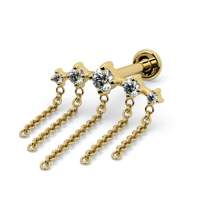 14k yellow gold diamond chain dangle flat back stud, angled view showing post and cascading chains