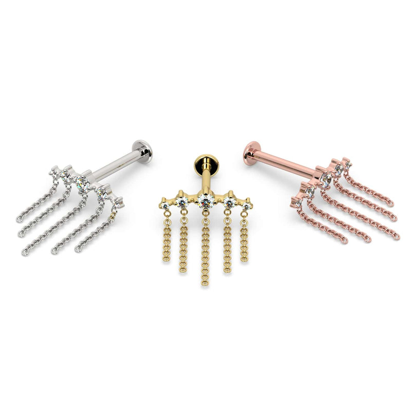 All three metal options: white gold, yellow gold, and rose gold diamond chain dangle labret studs