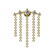 14k yellow gold labret stud with 5 diamonds and five dangling chains, front view