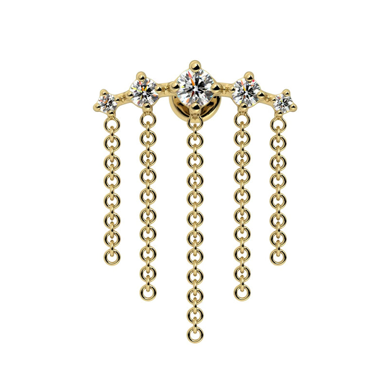 14k yellow gold labret stud with 5 diamonds and five dangling chains, front view