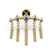 Close-up front view of 14k yellow gold 5-diamond constellation bar with five dangling link chains