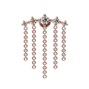 14k rose gold diamond dangle flat back labret with five cascading chains, front view