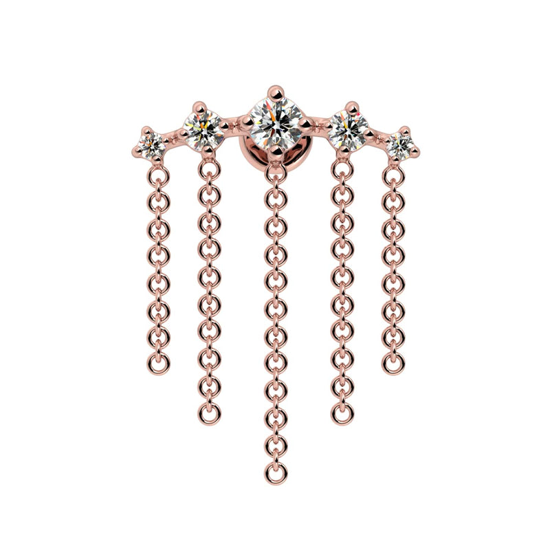 14k rose gold diamond dangle flat back labret with five cascading chains, front view