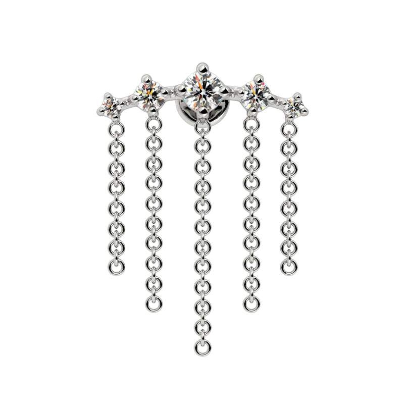 14k white gold diamond chain dangle labret stud with 5-stone bar and cascading chains, front view