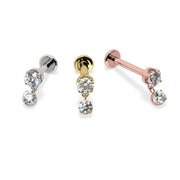 14k white gold, yellow gold, and rose gold diamond dangle flat back studs shown side by side