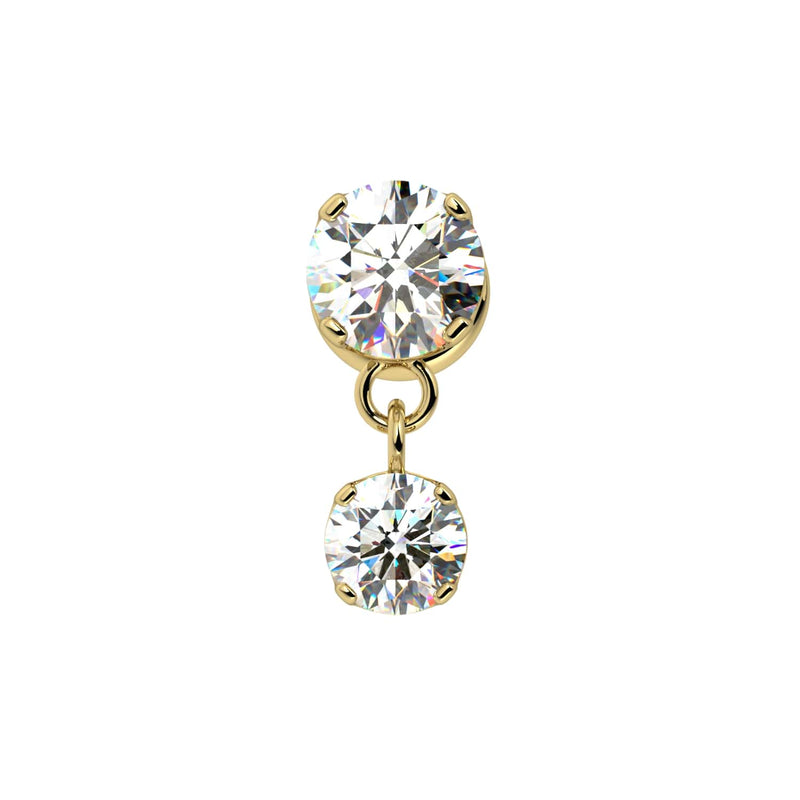 14k yellow gold dual prong-set diamond dangle cartilage stud, front view on white background