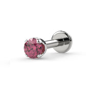 14k white gold 2mm pink diamond prong flat back labret stud, angled view showing round disc base