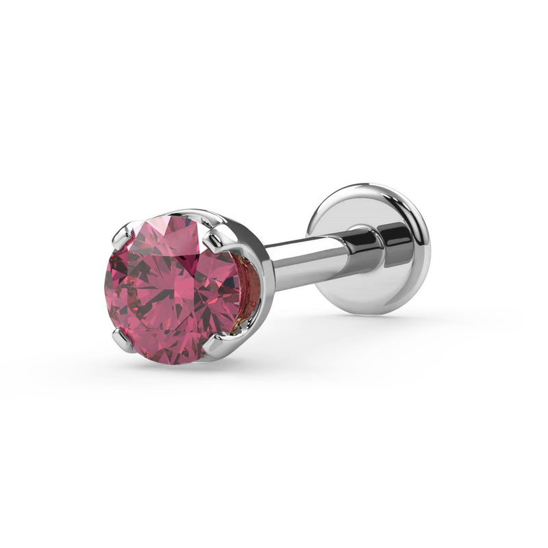 14k white gold 2.5mm pink diamond prong flat back labret stud, angled view with disc backing