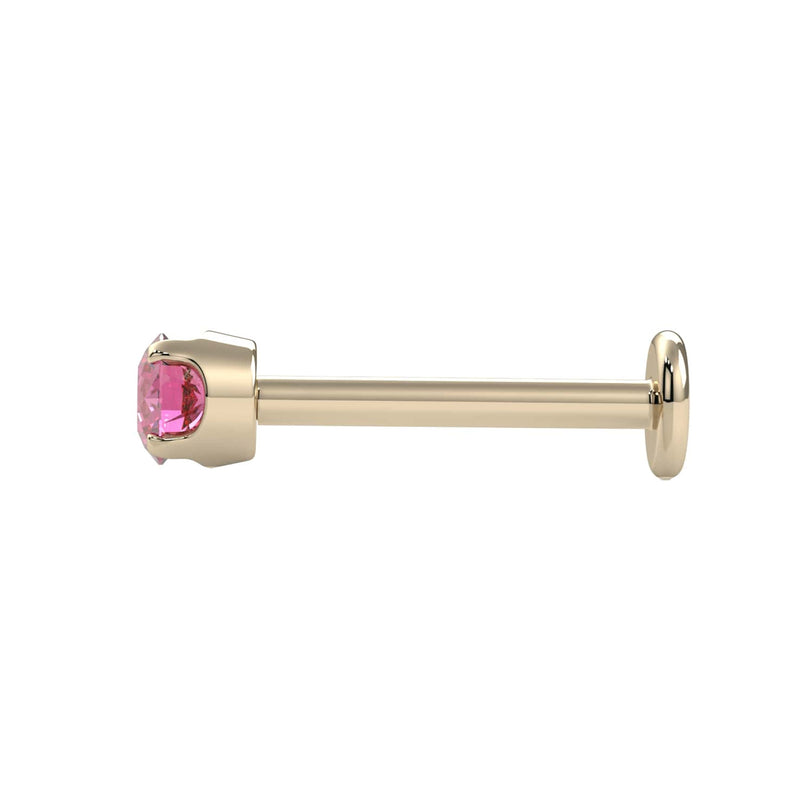Side profile of 14k yellow gold pink diamond flat back labret showing full post length and flat disc