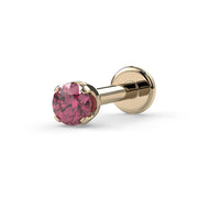 14k yellow gold 2mm pink diamond prong flat back labret stud, angled view showing disc backing