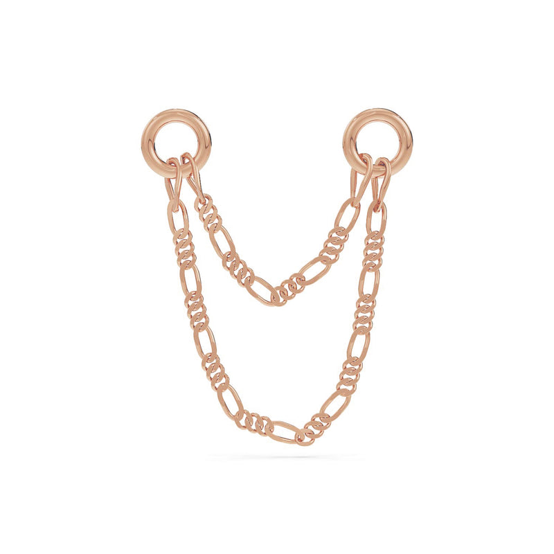 14k rose gold figaro double chain piercing connector showing warm-toned layered chains