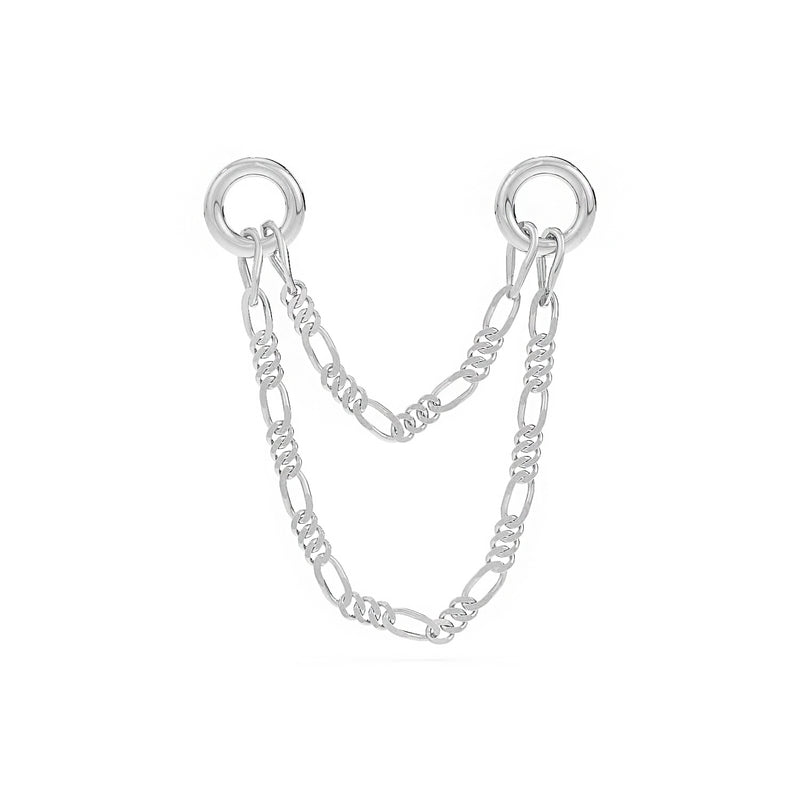 14k white gold figaro double chain piercing connector with layered chains and jump rings