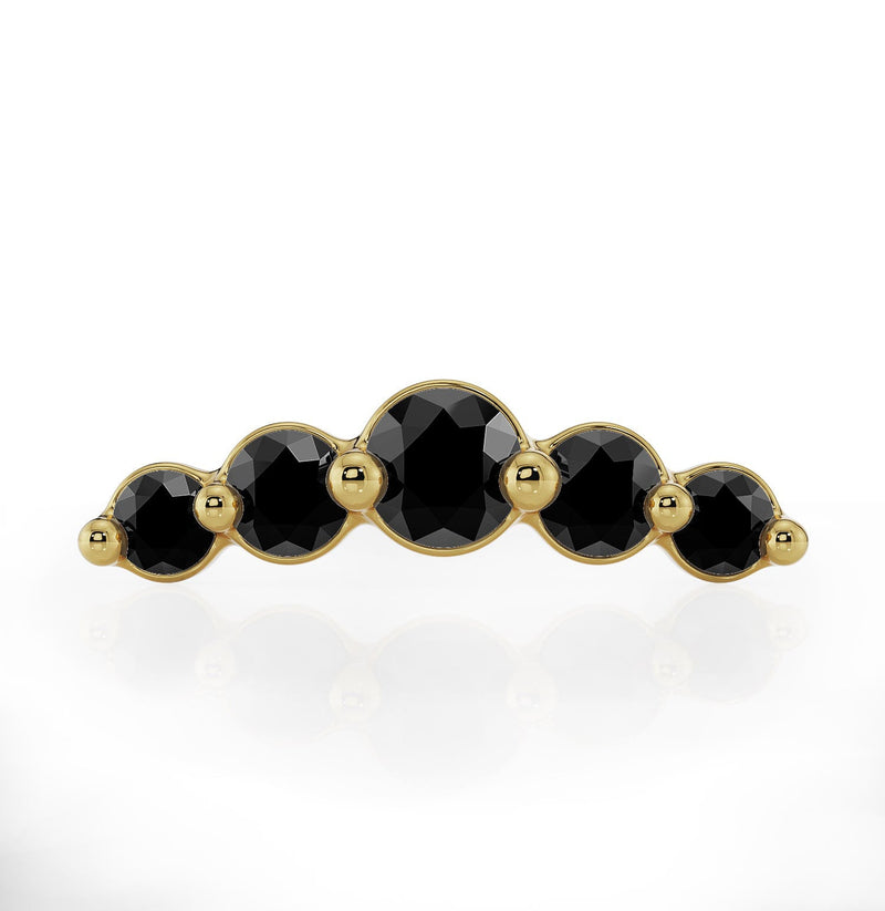 14K yellow gold mini climber threadless stud with 5 black diamond gemstones, front view