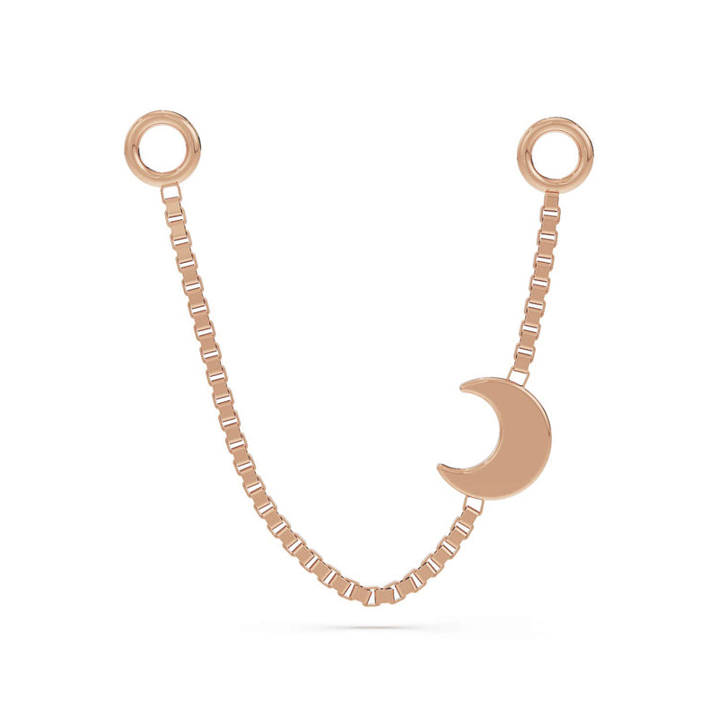 14k rose gold moon box chain piercing connector, long length with crescent moon charm detail