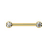 14K yellow gold nipple barbell with dual 3mm CZ bezel ends, front view on white background