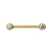14K yellow gold nipple barbell with dual 3mm bezel-set diamonds, straight-on front view