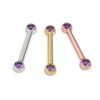 3mm amethyst bezel nipple barbell in all three 14K gold colors: white, yellow, and rose gold