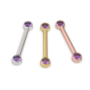 3mm amethyst bezel nipple barbell in all three 14K gold colors: white, yellow, and rose gold