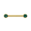 14K yellow gold nipple barbell with dual 3mm emerald bezel settings, front view