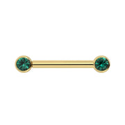 14K yellow gold nipple barbell with dual 3mm emerald bezel settings, front view