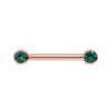 14K rose gold nipple barbell with dual 3mm bezel-set emeralds, front view