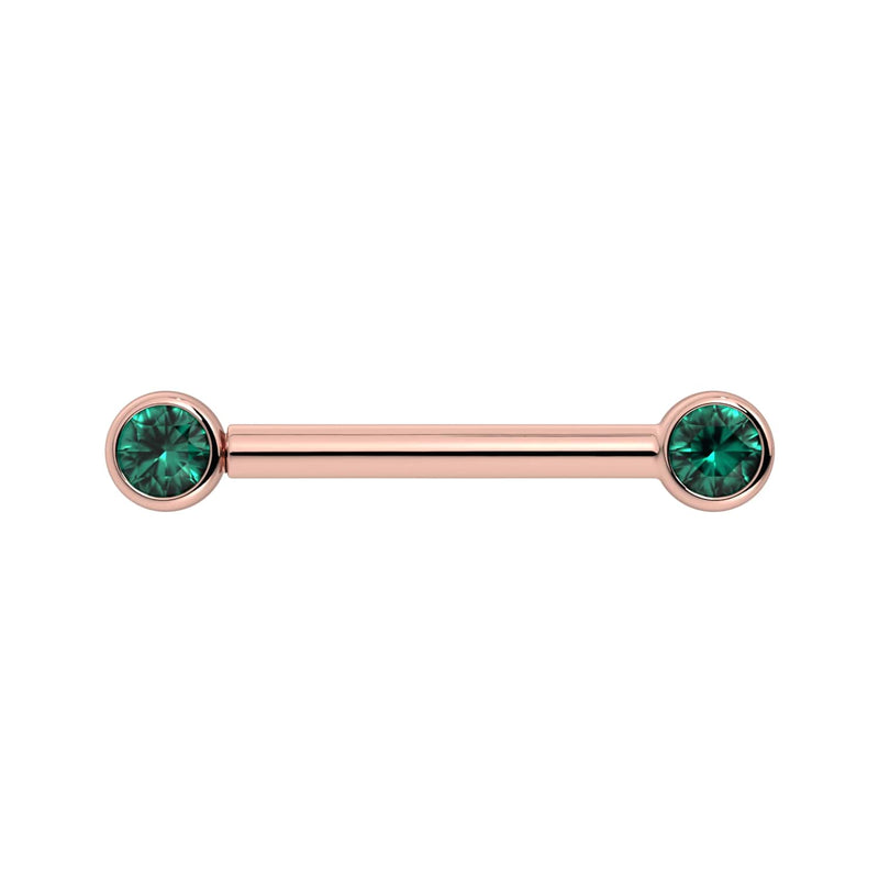 14K rose gold nipple barbell with dual 3mm bezel-set emeralds, front view