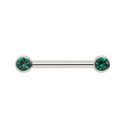 14K white gold nipple barbell with dual 3mm emerald bezel-set stones, front view