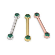 3mm emerald bezel nipple barbell in all three metal options: white gold, yellow gold, and rose gold