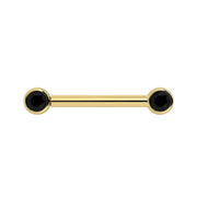 14K yellow gold nipple barbell with dual 3mm black diamond bezel settings, front view
