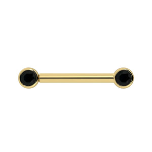 14K yellow gold nipple barbell with dual 3mm black diamond bezel settings, front view