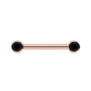 14K rose gold nipple barbell with dual 3mm bezel-set black diamonds, front view
