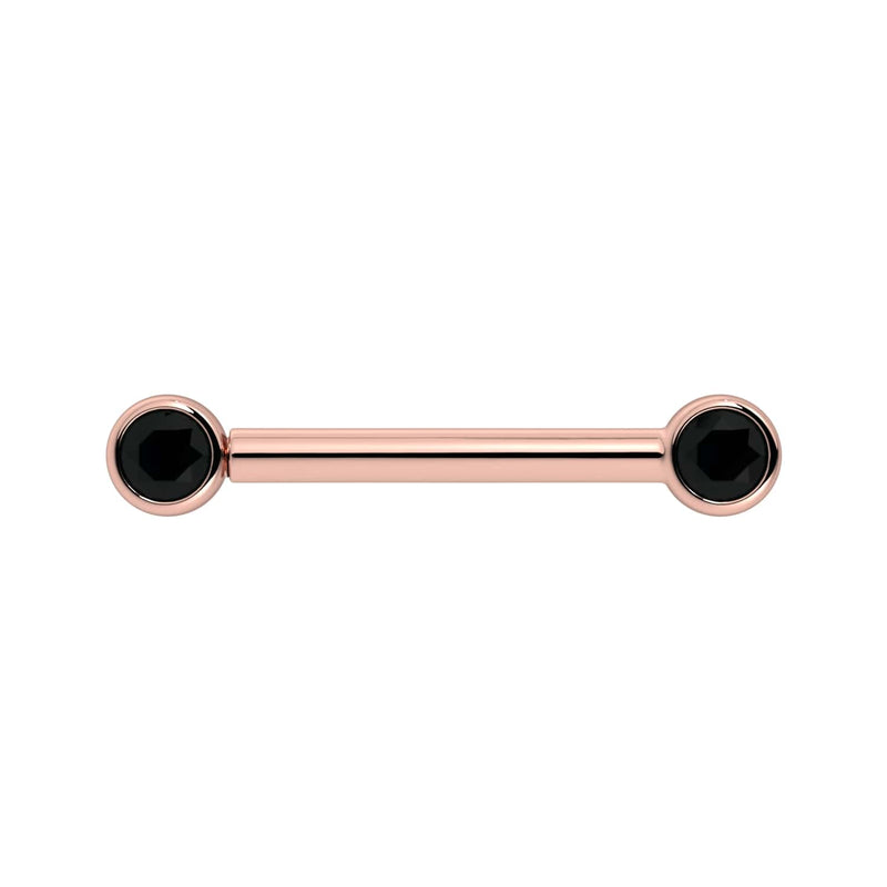 14K rose gold nipple barbell with dual 3mm bezel-set black diamonds, front view