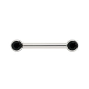 14K white gold nipple barbell with dual 3mm black diamond bezel ends, front view