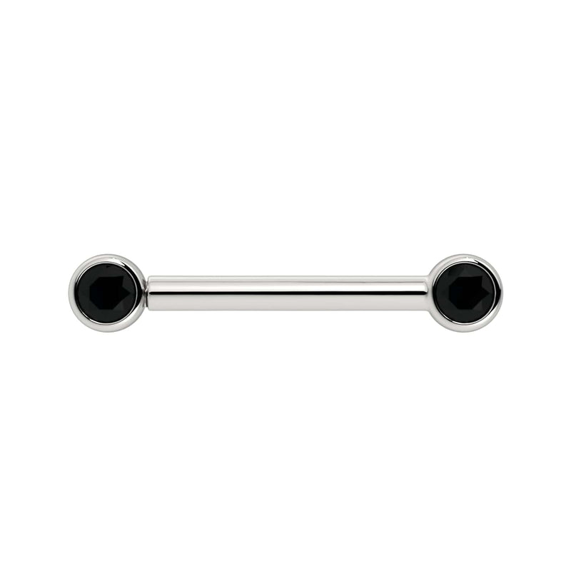 14K white gold nipple barbell with dual 3mm black diamond bezel ends, front view