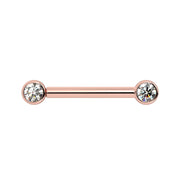 14K rose gold nipple barbell with dual 3mm bezel-set diamonds, front view