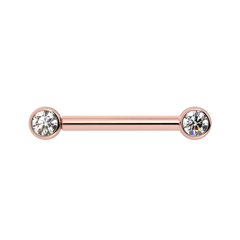 14K rose gold nipple barbell with dual 3mm bezel-set diamonds, front view