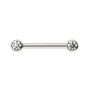14K white gold nipple barbell with dual 3mm bezel-set diamonds, front view
