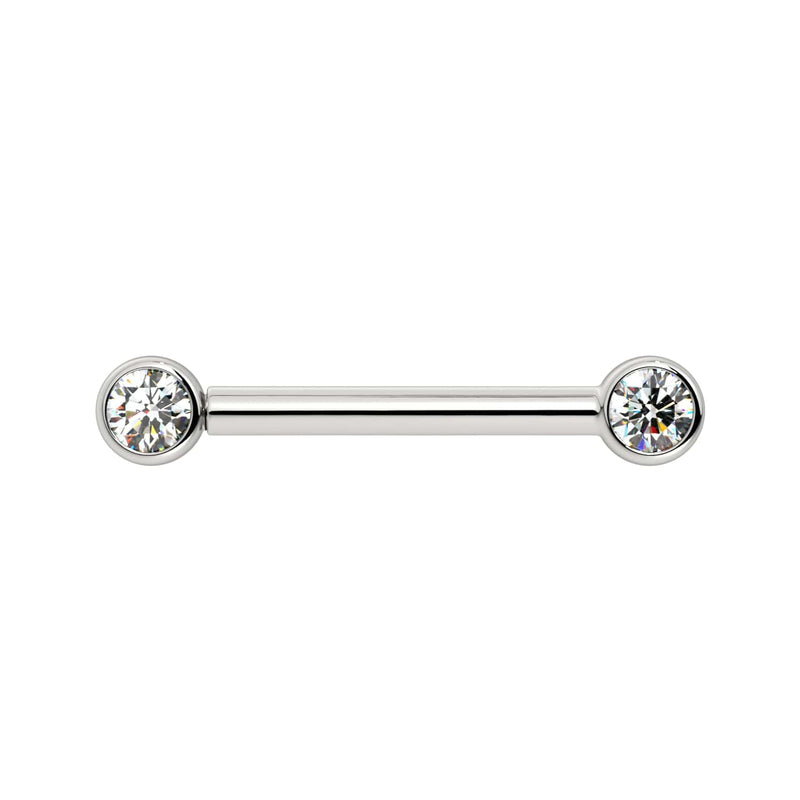 14K white gold nipple barbell with dual 3mm bezel-set diamonds, front view