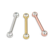 3mm CZ bezel nipple barbell shown in all three 14K gold options: white, yellow, and rose gold