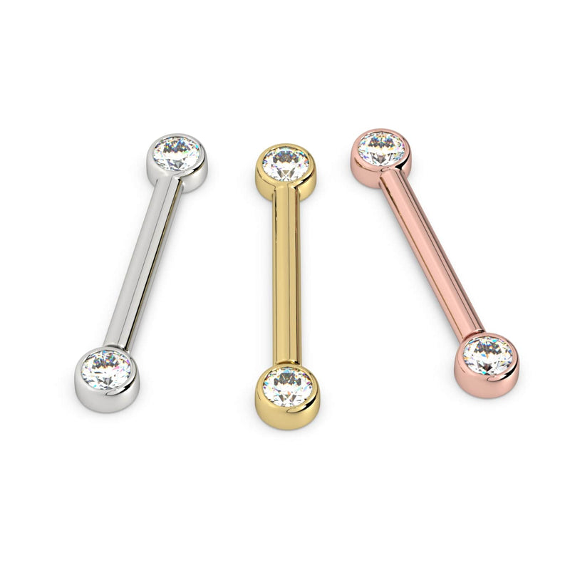 3mm CZ bezel nipple barbell shown in all three 14K gold options: white, yellow, and rose gold